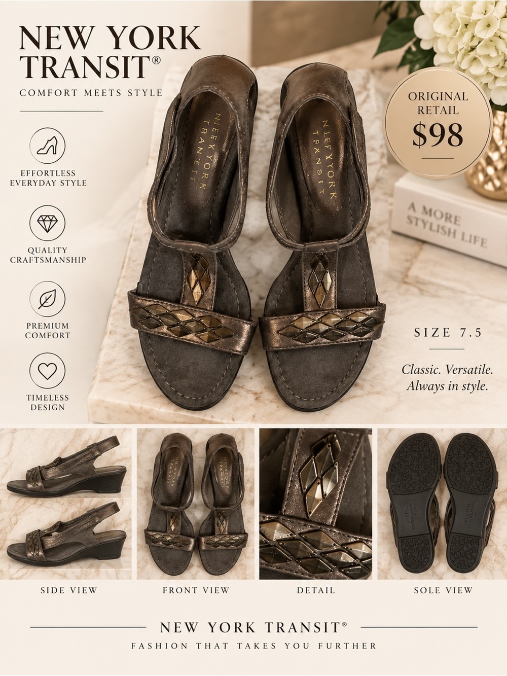 New York Transit Bronze Metallic Braided Wedge Sandals